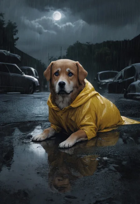 doggie1, perfecteyes, PacificNorthwest, hyperrealistic,  8k, gorgeous, dog sits next to a puddle, wears dirty yellow rain coat, puddle reflects dog, background run down car graveyard, moon inthe sky peeking through clouds, rainy, gloomy