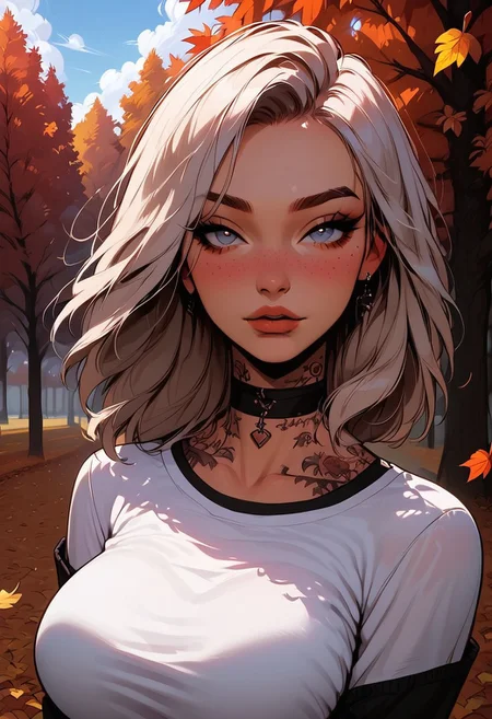 Score_9, Score8_up, Score_7_up, (((High Resolution, Best Quality))), 
1girl, solo, toned arms, Covered in Tattoos, neck tattoos, 
white shirt, long black sleeves, tight shirt, large breasts, choker, 
seducing, seductive, flirty, tender, loving, playful, looking at viewer, shy body language, hiding behind tree, peeking out from behind tree,
Outside, park, autumn, leaves blowing in the wind, Cloudy Sky,