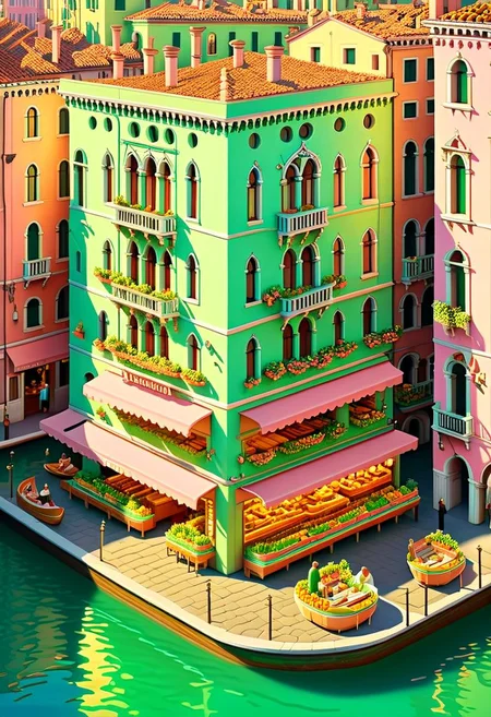 ispzxll, no humans, dioramaplant, isometric, miniature, futuristic soviet-inspired venice building street scene, seaform-green and pale-pink pastel colors, golden hour, long shadows, volumetric lighting style, pedestrian crowds, fruit stands, boats in canals, storefronts, epic architecture, intricate details, potted plants, ultra-detailed, 8k, fluffy clouds