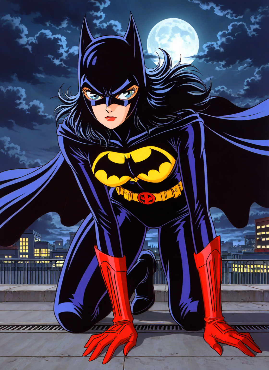 masterpiece, best quality, absurdres, zodikki1, kurumada hair, kurumada eyes, solo, batman, headwear, on one knee, rooftop, moon, dark clouds