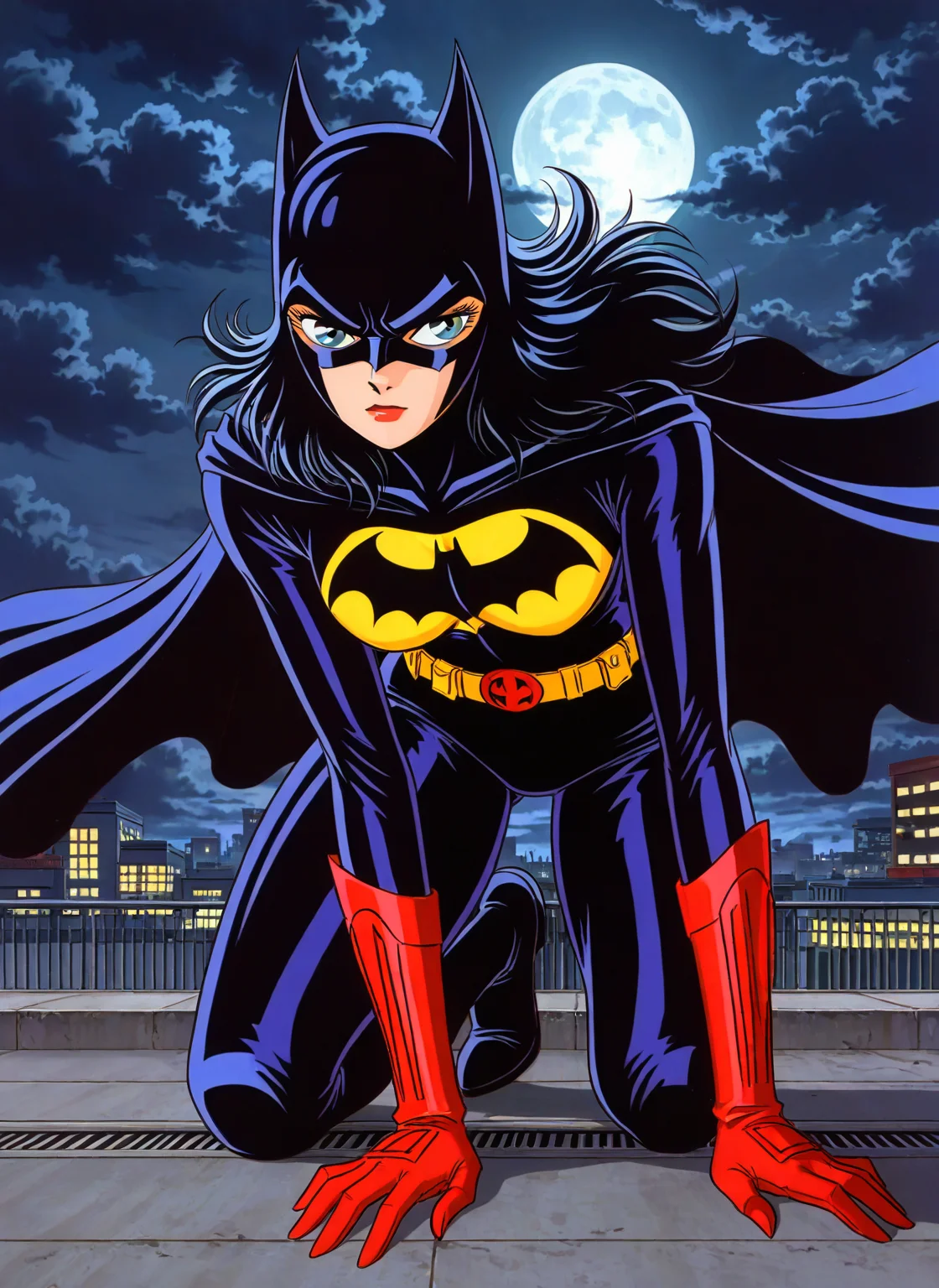 masterpiece, best quality, absurdres, zodikki1, kurumada hair, kurumada eyes, solo, batman, headwear, on one knee, rooftop, moon, dark clouds