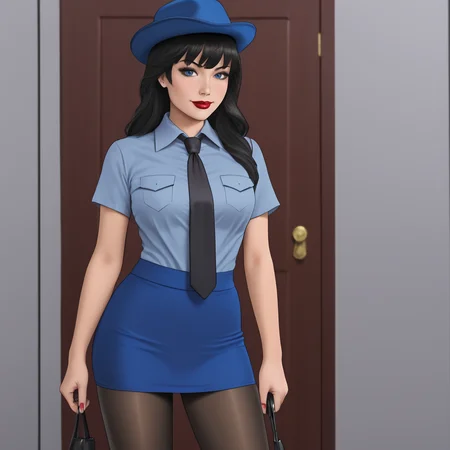 <lora:PhantomLady_pony_v1:.8>PhantomLadyCostume, 1girl,  medium breasts, black hair,  lipstick, makeup, long hair,  cowboy shot,  <lora:0820 tokisaki kurumi policewoman fan costume_v1_pony:1> ruanyi0820,black necktie,blue hat,blue shirt,blue skirt,black pantyhose,short sleeves,skirt