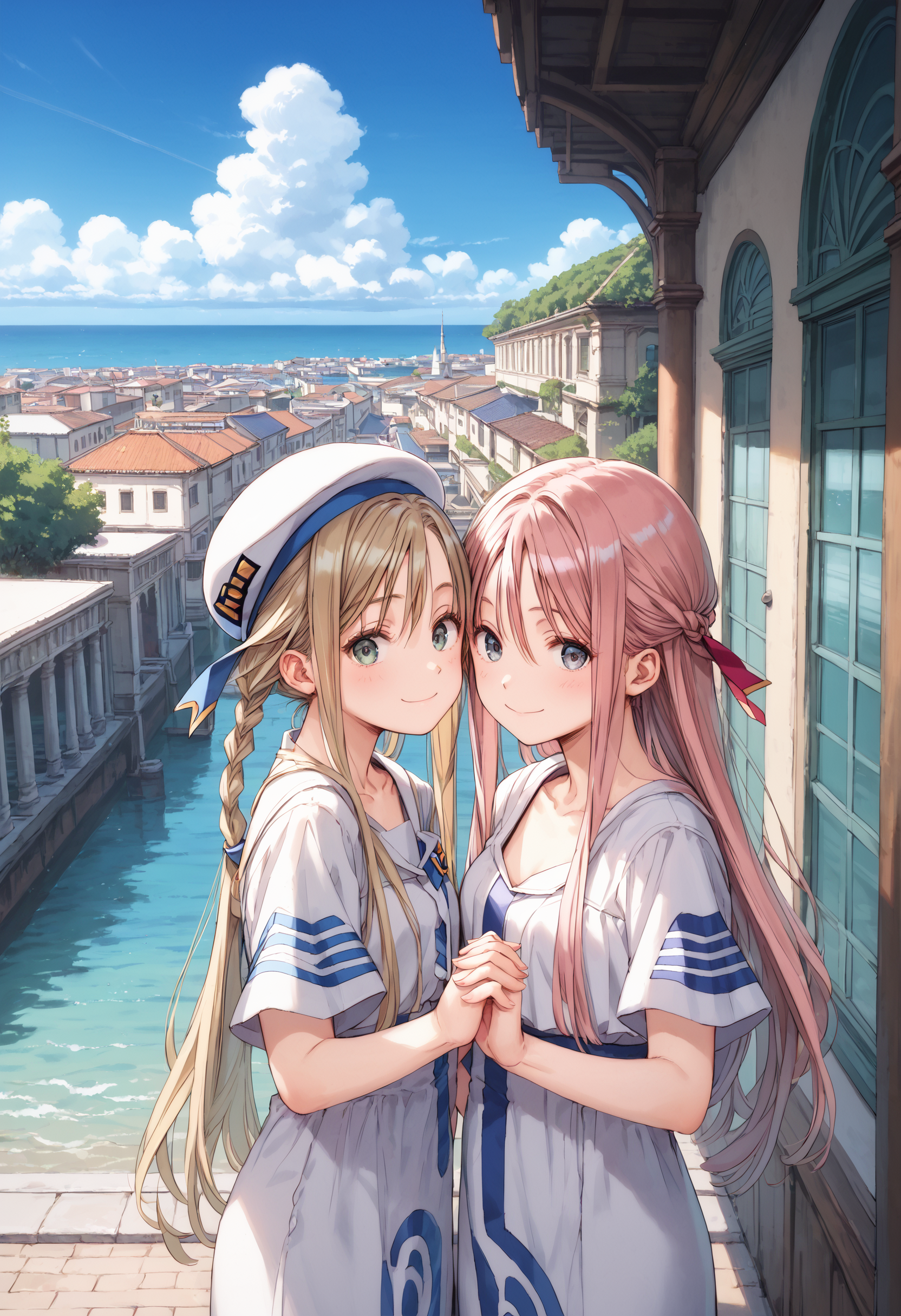 score_9, score_8_up, score_7_up, masterpiece, best quality, very aesthetic, absurdres, 
<lora:Amano_Kozue_å¤©éããã_Style_Pony-000010:1> (amano_kozue:1.2), aria \(manga\), 
2girls, yuri, holding hands, long hair, clear eyes, gentle smile, skinny, body_slim, looking at viewer, 
scenery, ocean, venice,