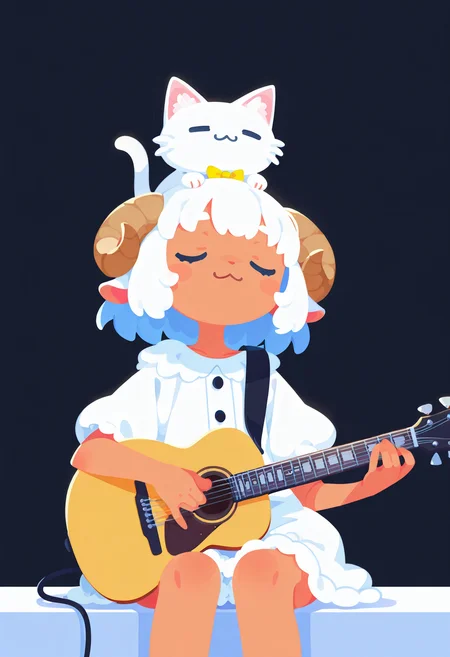 masterpiece, detailed, high res, ultra high res, absurd detail, newest, haiz_ai, no lineart, no outline, 1girl, sheep girl, cute, playing guitar, morning, :3, small cat asleep on head, <lora:haiz_ai_illu:1.0> haiz_ai, no lineart,no outline,