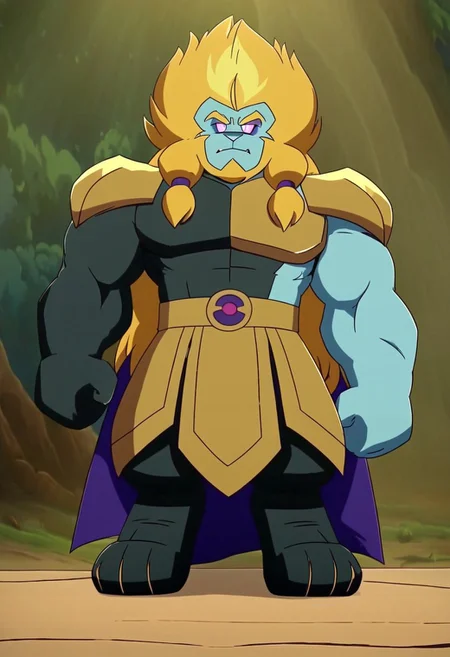 Azure lion ,solo,Lion furry,neutral expression,looking at the viewer,long hair,blue skin,muscular,braid,blonde hair,standing,front view,full figure,full body,full body shot,forest background with a clear sky.MASTERPIECE, PERFECT, EXCELLENT, GREAT MASTERPIECE score up9, precise and clear,magenta eyes with white pupils,