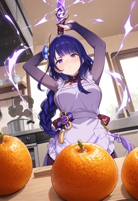 (masterpiece, best quality, high quality, good quality),raiden shogun,pout,tears,tearing up,musou isshin \(genshin impact\),holding weapon,orange,kitchen,cutting board,facing viewer,pov,arms up,lighting effect,purple lighting,cowboy shot,apron,purple pants,from below,open eyes,arm behind head,clenched hand,colored smoke,<lora:Orange_Peel:1>,<lora:breasts_size_slider_illustrious_goofy:1>,<lora:cutesexyrobutts_style_illustrious_goofy:1>,<lora:ponyv4_noob1_2_adamW:1>,