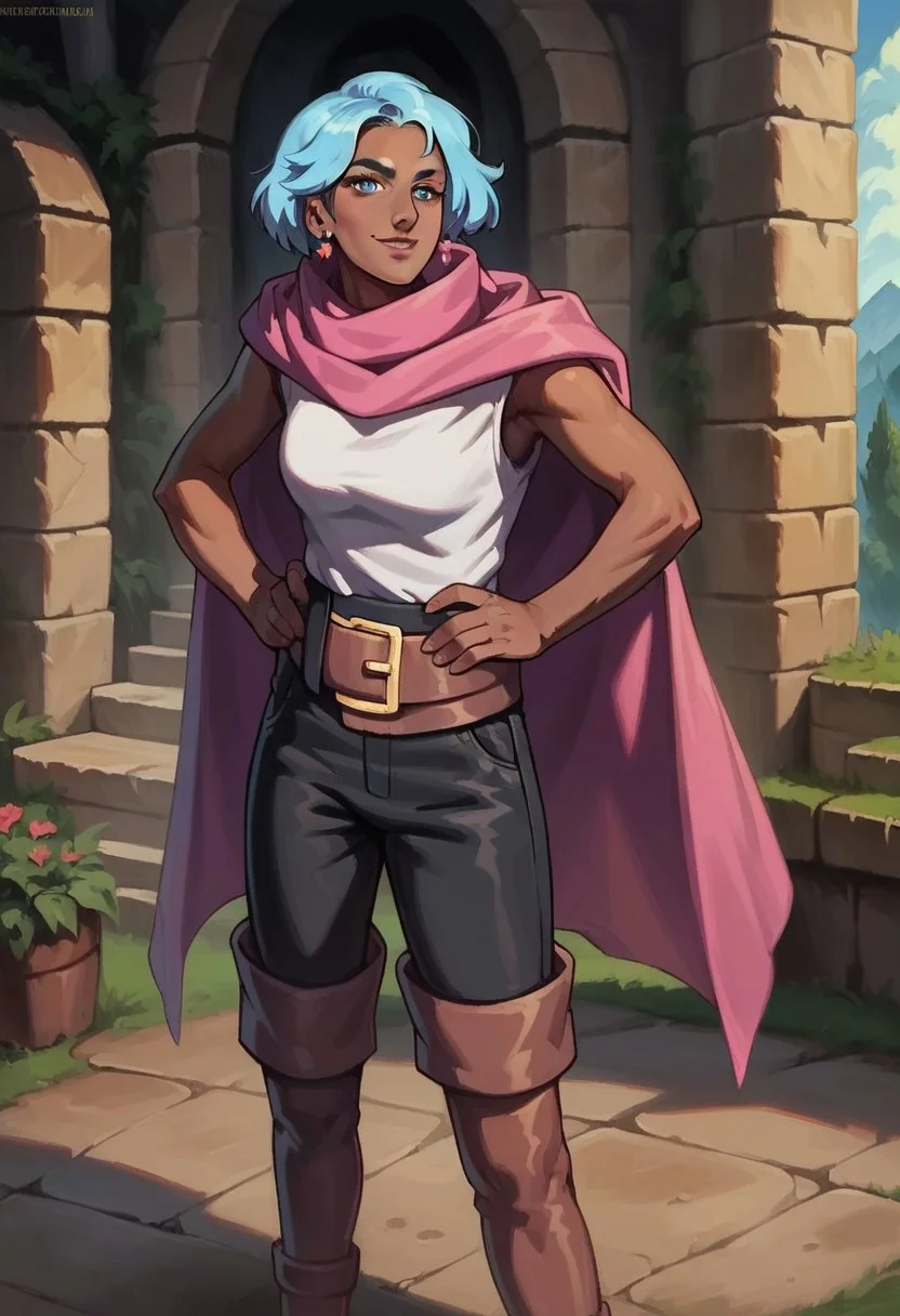 score_9_up, score_8_up, score_7_up, score_6_up, 1girl, solo, Zi'Assunta_Belpaese, earrings, blue hair, short hair, dark-skinned female, blue eyes, mole under eye, pink cape, white shirt, bare arms, belt, black trousers, brown thigh boots, standing proudly, hands on hips, outside castle, outdoors, day, proud smile, (fantasy art, painted art, realistic)