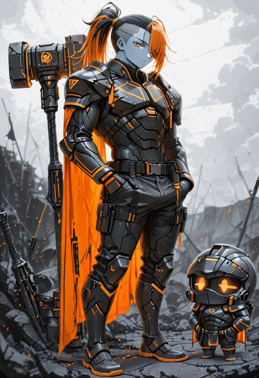 4ur4_illu,shiny, best quality,masterpiece,absurdres,newest, ultra-detailed, perfect anatomy, detailed face, finely detail, highres, fantasy style,
BREAK 1boy, young man, muscular body, tall body, facial, long hair, hair cut, ponytail, shaved temples, ash-colored hair, orange eyes, vertical pupil, blue skin, emotionless face, black power armor, heavy armor, shoulder pads, orange cape, black knee boots, belt pouch, black gloves, hammer, huge weapon,
bsechi, chibi,
dark, looking at the viewer, standing at full height, hands in his pants pockets, battlefield background,