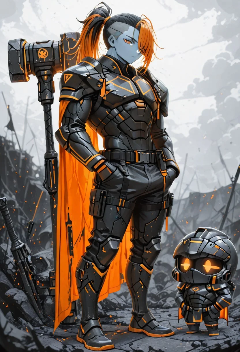4ur4_illu,shiny, best quality,masterpiece,absurdres,newest, ultra-detailed, perfect anatomy, detailed face, finely detail, highres, fantasy style,
BREAK 1boy, young man, muscular body, tall body, facial, long hair, hair cut, ponytail, shaved temples, ash-colored hair, orange eyes, vertical pupil, blue skin, emotionless face, black power armor, heavy armor, shoulder pads, orange cape, black knee boots, belt pouch, black gloves, hammer, huge weapon,
bsechi, chibi,
dark, looking at the viewer, standing at full height, hands in his pants pockets, battlefield background,