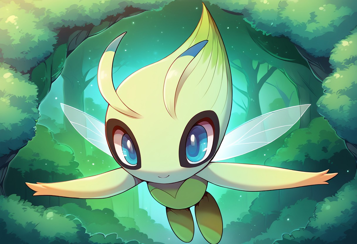 by raikissu, score_9, score_8_up, score_7_up, Expressiveh, home background, solo
1girl, Celebi, closed mouth, smiling, looking at viewer, wings, pokemon (creature), green skin, fairy wings, pokemon \(creature\), full body, flying