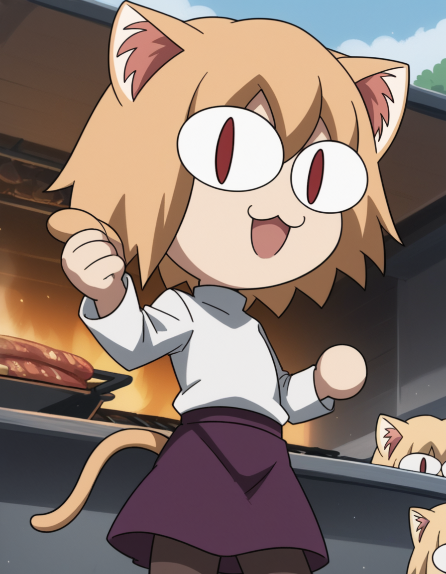 score_9, score_8_up, score_7_up, source_anime, <lora:carnivalphantasm-neco-arc-ova-ponyxl-lora-nochekaiser:1>, neco arc, short hair, blonde hair, red eyes, animal ears, tail, cat ears, chibi, cat tail, slit pupils,, skirt, pantyhose, sweater, purple skirt,, backyard, barbecue, grilling, laughter, summer evening, smile, looking at viewer, from below, solo,, dutch angle, cowboy shot