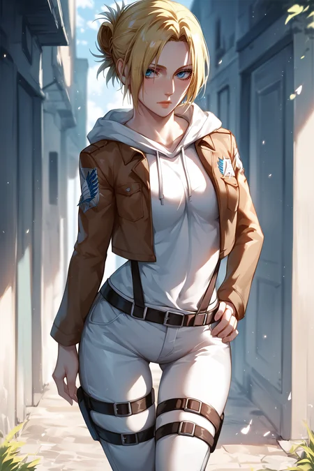 score_9, score_8_up, score_7_up, BREAK source_anime, <lora:annie leonhardt-PonyXL-lora-Faxtron:0.8> annie leonhardt, single hair bun, white hoodie, hood, thigh strap, open cropped brown jacket, white pants, survey corps \(emblem\), boots,