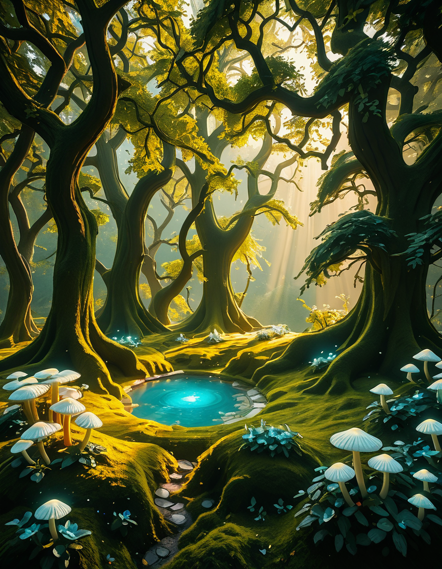 A mystical enchanted forest bathed in a soft, ethereal glow. Towering ancient trees with twisted roots and bioluminescent moss create a dreamlike atmosphere. The air is filled with a faint, magical mist that swirls gently around vibrant, oversized mushrooms and glowing blue and purple flowers. Delicate fireflies and tiny floating orbs of light hover in the air, illuminating the dense foliage with a magical shimmer. A narrow, winding path covered in soft moss leads deeper into the mysterious woodland, where faint beams of golden sunlight filter through the thick canopy, casting intricate patterns on the forest floor. The colors are rich and vibrant, with deep emerald greens, soft blues, and glowing purples creating a surreal and otherworldly ambiance. The scene is highly detailed and photorealistic, capturing the textures of the moss-covered tree trunks, the luminescent flora, and the misty, dreamlike atmosphere of the enchanted forest.
<lora:SDXLFaeTastic2400:0.4> <lora:extremely_detailed:0.4> extremely detailed,<lora:3nch4nt3d_f0r3st-ill:1>,3nch4nt3d f0r3st, Masterpiece,best quality,hi res,8k,hi res,8k,award winning,(sharp focus, intricate, highly detailed),