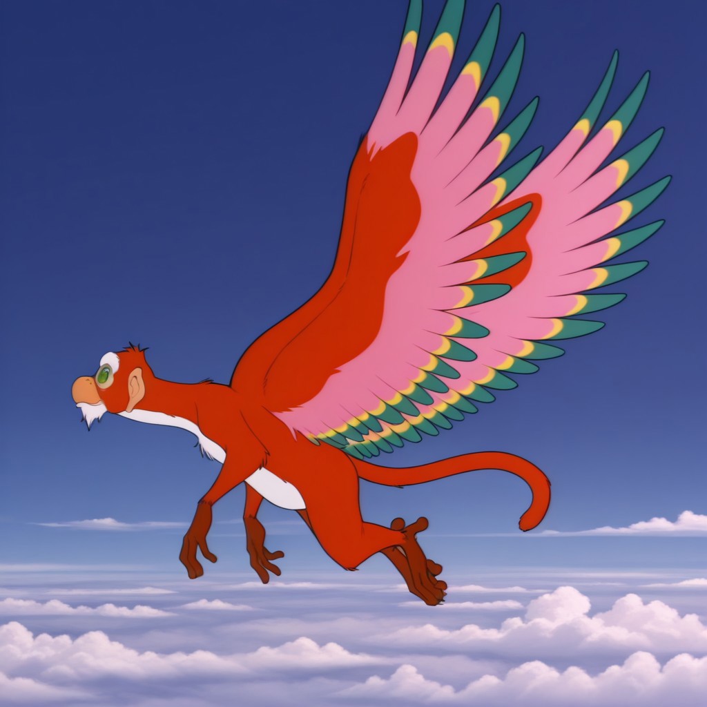 ((masterpiece, best quality, amazing quality,)) NiddlerPoDWil, semi-anthro, male, avian monkey, red feathers, wings, green eyes, white goatee, flying, in sky