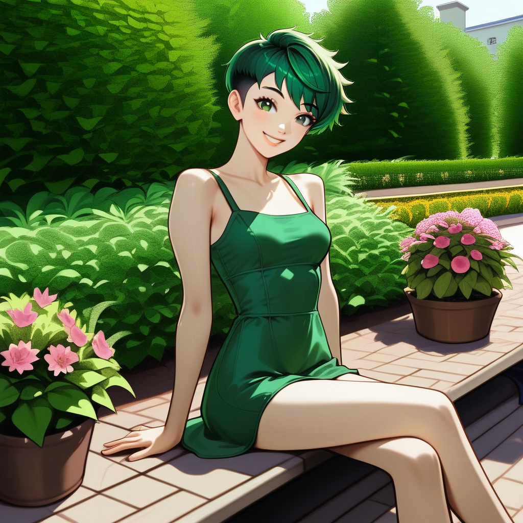 1girl, green hair, pixie cut, smiling, medium breasts, slim body, cute, green sundress, sitting on a bench, garden, outdoors