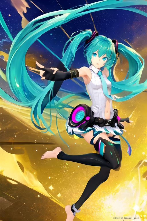 solo, 1girl, solo_focus, (((masterpiece))), ((best quality)), ((ultra-detailed)), ((too_many)):16, high resolution, absurdres, highres, ultra-detailed 8k unity wallpaper, 
mikuappend, 1girl, anklet, aqua_eyes, aqua_hair, barefoot, belt, bridal_gauntlets, convenient_censorship, elbow_gloves, fingerless_gloves, floating, full_body, gloves, jewelry, long_hair, navel, no_shoes, necktie, solo, thighhighs, twintails, very_long_hair, zettai_ryouiki