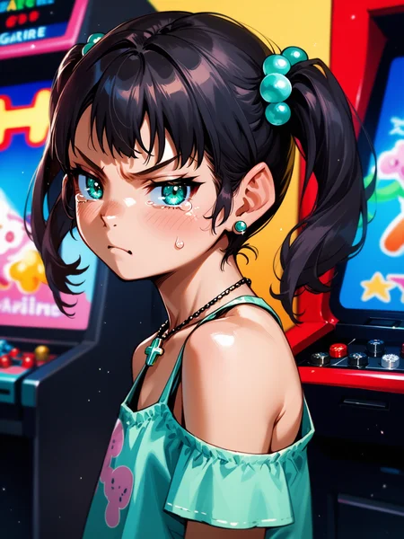 (upper body, solo focus:1.2) <lora:happy_tentacle-minori-v0.2-000027:1>, ht_minori, black hair, twintails, aqua eyes, , (petite:1.2), <lora:Shed_The_Skin's StS_age_slider_v1_initial_release:-1.2> ( :1.1) jewelry, necklace, earrings, bracelet ( , (crying with eyes open:0.8) , (annoyed :1.2) , , (looking at viewer:0.6) :1.2) , indoors, , (arcade:1.2), arcade cabinet, video game, ((from behind :1.2) :0.8) score_9, score_8_up, score_7_up, score_6_up, score_5_up, score_4_up, ( [(realistic, photorealistic:1.3):(realistic:1.2):18] [(3d:1.2)::16] :1) <lora:LUUNA's Lunas-NijiJourney-SDXL-B2:0.35>, nijijourney <lora:prgfrg23's Counterfeit-V3.0 Style SDXL_LoRA_Pony Diffusion V6 XL:0.5> <lora:mfcg's mfcgXL:0.12> <lora:reweik's gyokai(himehajime)_PonyXL_style_v01:0.14>