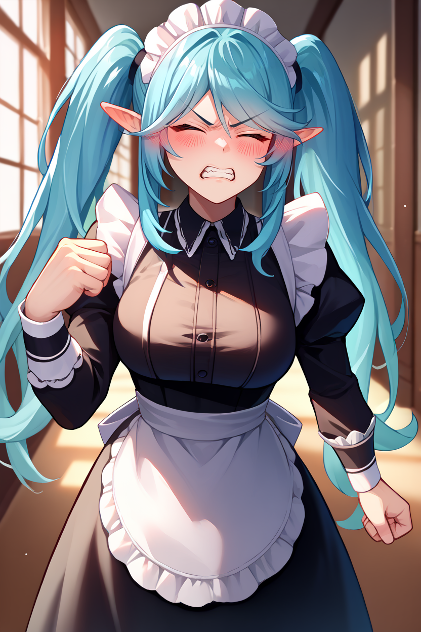 score_9, score_8_up, score_7_up, score_6_up, source_anime, 1girl, solo,  <lora:epsilon-pdxl-nvwls-v1-000008:1> epsilon, pointy ears, twintails, big breasts, maid headdress, black dress, maid dress, apron, puffy sleeves, long sleeves, wrist cuffs, clenched hand, closed eyes, clenched teeth, blush, annoyed, hallway