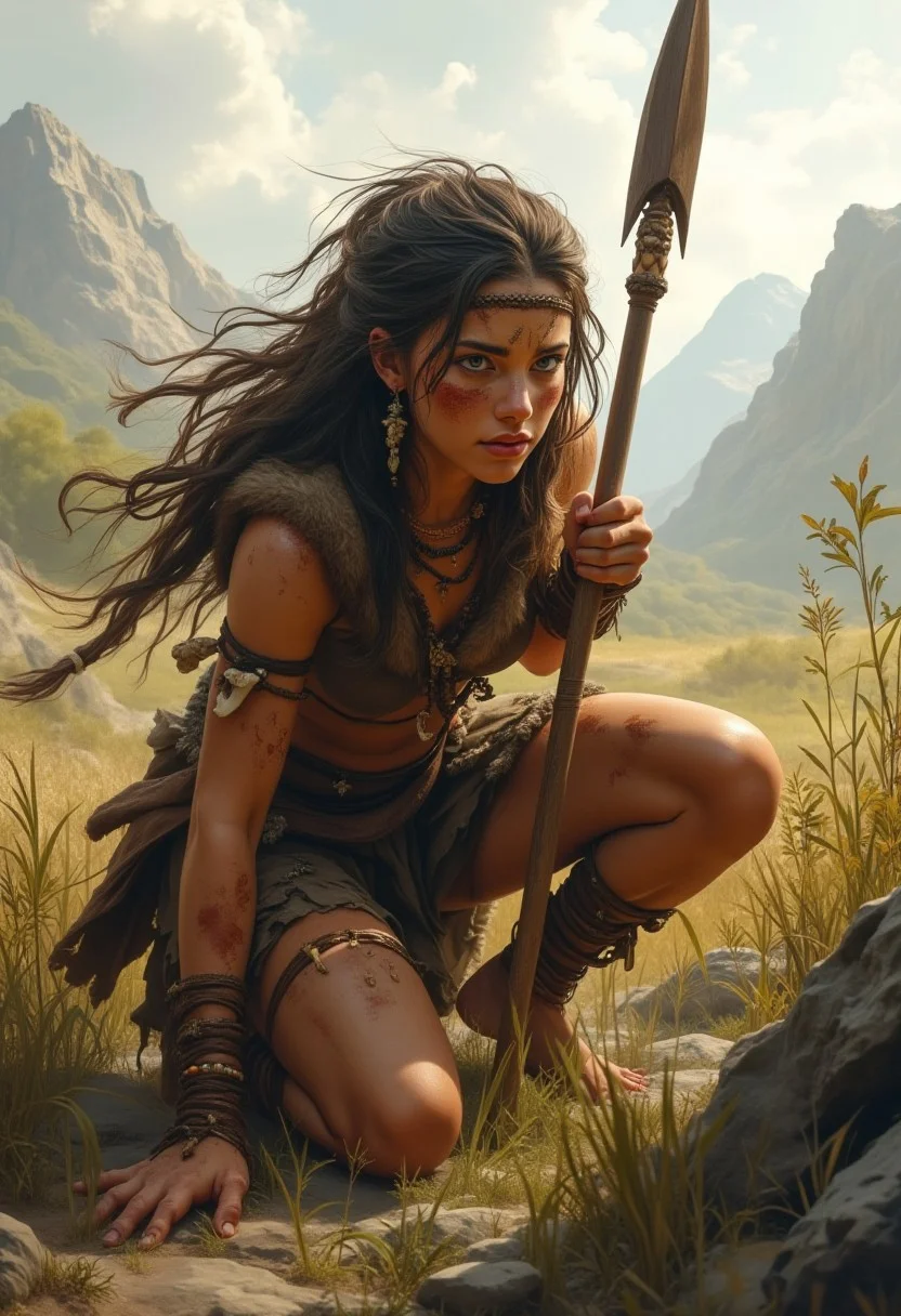 masterpiece, best quality, ultra high resolution, a masterpiece that captures the captivating charm of a beautiful painting decorated with baroque patterns.
A young adult huntress from the Stone Age crouches low in the tall, wild grasses of a vast, untamed landscape. Her bare feet press into the cool earth, leaving faint imprints as she silently stalks her prey. Her skin, weathered by the elements, is smeared with dirt and natural pigments, giving her a fierce, primal appearance. She wears a simple, fur-lined tunic made from animal hides, draped loosely over her muscular frame, with bone and stone beads strung around her neck. Her hair, long and wild, is tied back with a strip of leather, revealing sharp, focused eyes that scan the horizon for movement. In her hands, she grips a hand-carved wooden spear, ready to strike at any moment. The world around her is harsh and untamedâdistant mountains loom under a vast, cloud-streaked sky, while the wind whistles through the scattered trees and rugged terrain. Every sound, from the rustling leaves to the call of distant animals, is a reminder of the wild and dangerous life she leads. (prehistoric, primal, survival, detailed, atmospheric).âââ