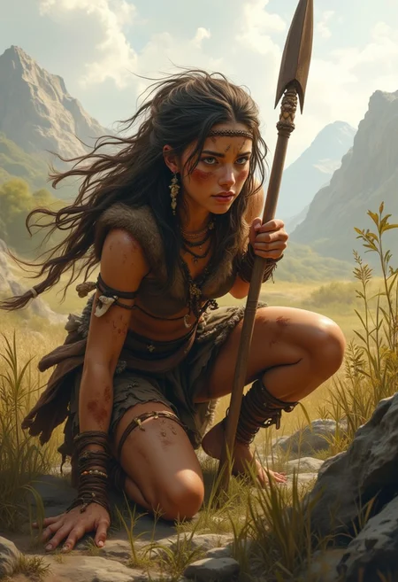 masterpiece, best quality, ultra high resolution, a masterpiece that captures the captivating charm of a beautiful painting decorated with baroque patterns.
A young adult huntress from the Stone Age crouches low in the tall, wild grasses of a vast, untamed landscape. Her bare feet press into the cool earth, leaving faint imprints as she silently stalks her prey. Her skin, weathered by the elements, is smeared with dirt and natural pigments, giving her a fierce, primal appearance. She wears a simple, fur-lined tunic made from animal hides, draped loosely over her muscular frame, with bone and stone beads strung around her neck. Her hair, long and wild, is tied back with a strip of leather, revealing sharp, focused eyes that scan the horizon for movement. In her hands, she grips a hand-carved wooden spear, ready to strike at any moment. The world around her is harsh and untamedâdistant mountains loom under a vast, cloud-streaked sky, while the wind whistles through the scattered trees and rugged terrain. Every sound, from the rustling leaves to the call of distant animals, is a reminder of the wild and dangerous life she leads. (prehistoric, primal, survival, detailed, atmospheric).âââ