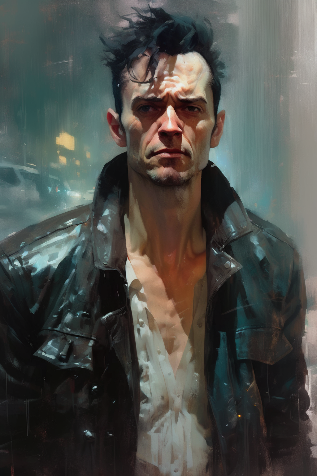<lora:Sam Spratt Style:1>Sam Spratt Style - a painting of a man in a leather jacket, in the style of dmitri danish, expressive character designs, jeremy mann, comic art, spare and elegant brushwork, patrick woodroffe, transparent/translucent medium