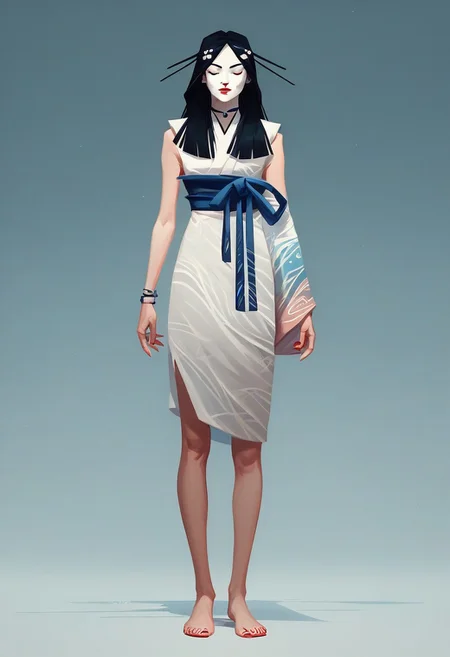 score_9,score_8_up,score_8,score_9,(((pastel colors, high contrast,expressiveh,solo focus, ))), (1girl, standing, looking at viewer)  rimlight, asian, Kuroku, Japanese clothes, white clothes, sleeveless, black hair, long hair, red lipstick, hair ornament, museum background, blue sash, one sleeve, hud_m3dit4tion, indian style, sitting, on floor, facing viewer, barefoot, closed eyes,