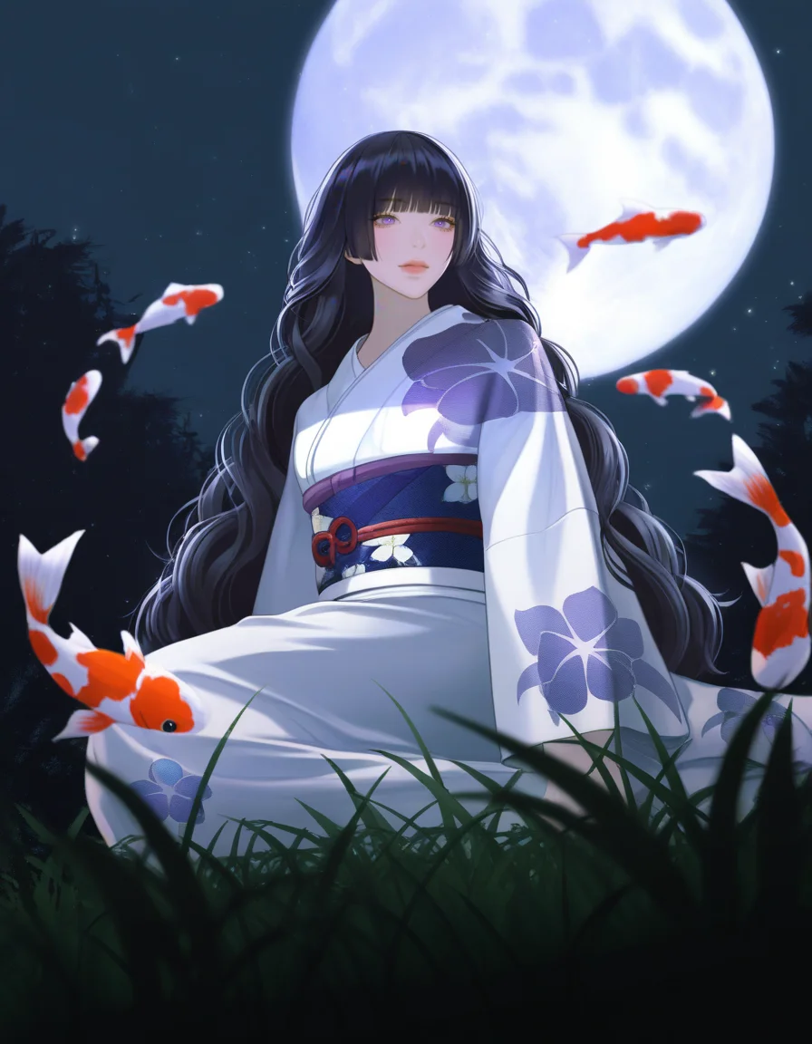 masterpiece, high quality, very awa, highres, absurdres, 1girl, wavy hair, hime cut, purple eyes,very long hair, black hair, on grass, facing viewer, pond in foreground, koi fish, from below, japanese clothes, obi, white kimono, floral print, pale skin, outdoors, dark, big moon in center, <lora:SemirealismV2_NOOBAI_VPRED-000026:0.95>