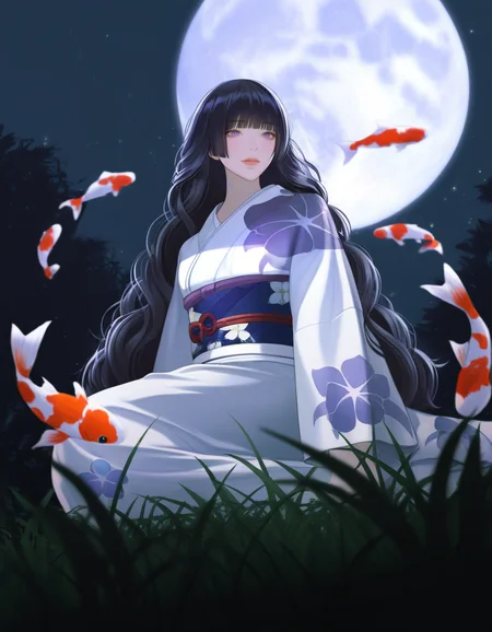 masterpiece, high quality, very awa, highres, absurdres, 1girl, wavy hair, hime cut, purple eyes,very long hair, black hair, on grass, facing viewer, pond in foreground, koi fish, from below, japanese clothes, obi, white kimono, floral print, pale skin, outdoors, dark, big moon in center, <lora:SemirealismV2_NOOBAI_VPRED-000026:0.95>