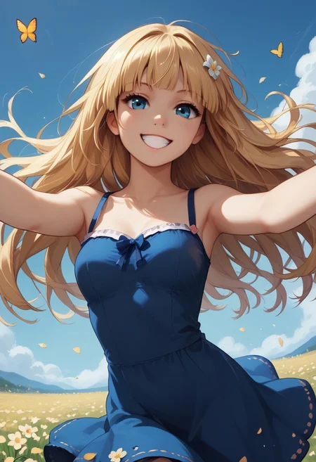 score_9, score_8_up, score_7_up, score_6_up, score_5_up, 1girl, solo, Sana Kashimura, Dutch angle, close to viewer, big smile, arms outstretched, running through a field of lilacs, petals everywhere, butterflies everywhere, cinematic, blue sky, summer dress, flowers in hair, masterpiece, in motion, motion blur, film grain