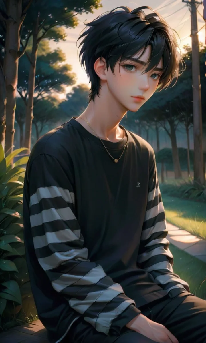 digital art, anime, dynamic angle, detailed, handsome young man, (oversize) plain black t-shirt with (long striped sleeves), sitting outside, detailed face, soft evening light <lora:alt_fashion_v2:1> <lora:aesthetic_anime_v1s:1>