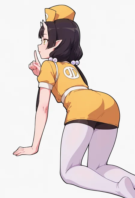 Smooth Quality,masterpiece,very intricate, high quality details, ultra realistic, high detailed skin,detailed enviorement,absurdres,
shushing,solo,
<lora:Care_Resumisu_CNR:0.8> care_cnr, 1girl,black hair, pointy ears, long hair, yellow eyes, oni, low twintails, skin-covered horns, bobbles,
care_yellow_cnr, yellow dress, white pantyhose,short sleeves,hat, hair ornament, hair bobbles, nurse cap,, simple background, white background, from behind,
kneeling pose, one hand on the ground, other hand reaching forward, focused gaze, tense muscles, ,, button-up vest, ,pullover,,bike shorts, ,, :i,