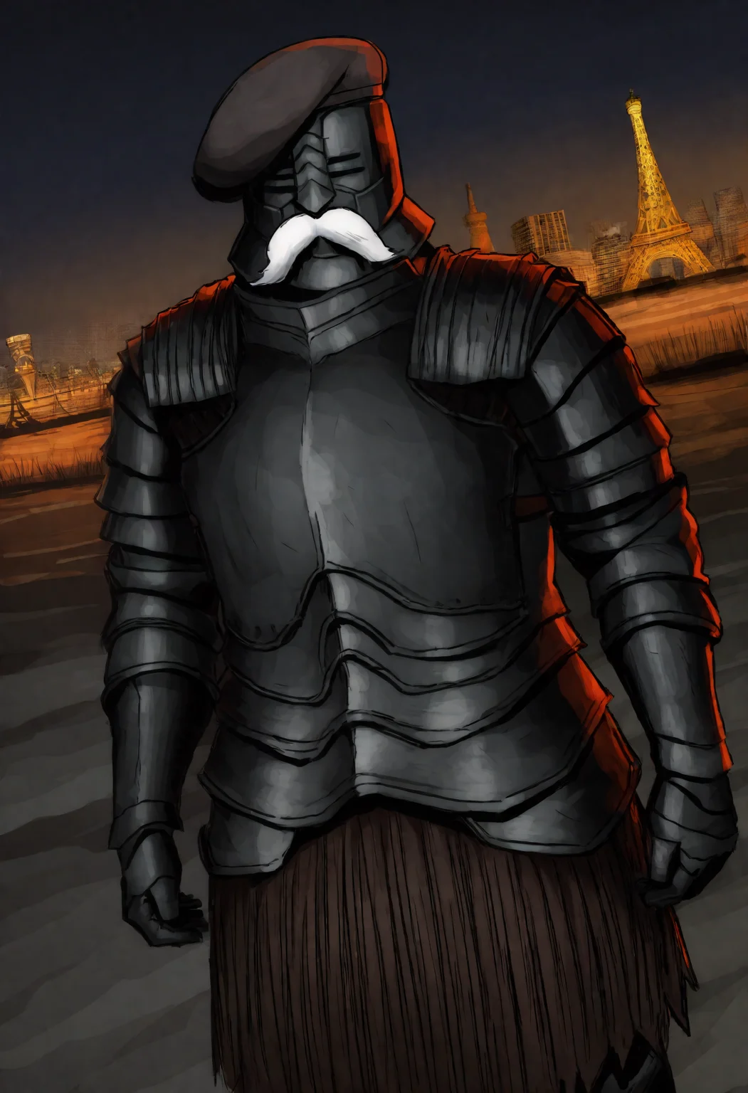 masterpiece, best quality, newest, absurdres, highres, outdoors, night, ambiguous gender, solo, dsbit, black helmet, black armor, black breastplate, black Pauldrons, black Cuirass, black Gauntlets, tunic under armor, black Greaves, big fake mustache, dutch angle, french beret, eiffel tower <lora:Black_Iron_Tarkus_Illustrious-000009:1>