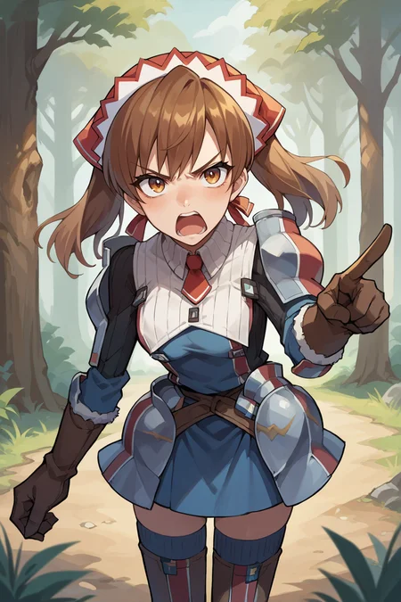 score_9, score_8_up, score_7_up, score_6_up, source_anime, BREAK 1girl, solo <lora:vcalicia-pdxl-nvwls-v1-000006:1> vcAlicia, headdress, blue shirt, armor, blue skirt, gloves, thighhighs, annoyed, open mouth, looking at you, pointing, forest, leaning forward