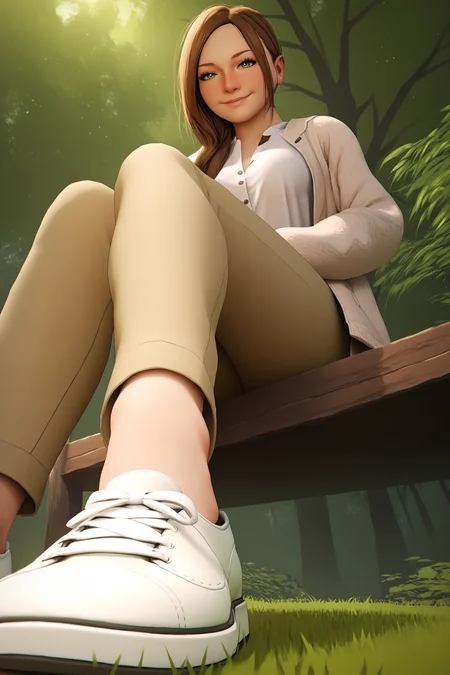 score_9, score_8_up, score_7_up, score_6_up, BREAK, MiaWintersRE7PXL, green eyes, brown hair, long hair, medium breasts, realistic, open jacket, jacket, white shirt, pants, white shoes, solo, full body, sitting, foot focus, (bellow view), seductive smile, looking at viewer, naughty face, nose blush, forest <lora:MiaWintersRE7PXL:1>