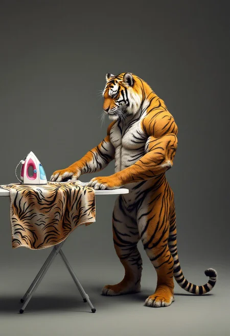 A surreal photo of a muscular, humanoid tiger standing upright with a human-like posture. The tiger is standing next to an ironing board and is ironing a tiger-patterned cloth. The background is a smoked muted gray. The tiger's tail is curled up, and it has a focused expression on its face.