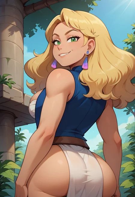 score_9, 1girl, solo, j10, blonde hair, green eyes, earrings, vest, cleavage, sleeveless, loincloth dress, looking at viewer, smirk, outdoors, ultra detailed, masterpiece, best quality, 8k resolution, hires, hips, cleavage, wavy hair, from behind, seductive, ass, from below, skindentation