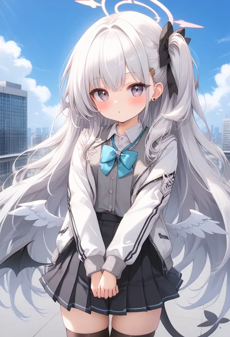 Best quality, ultra HD,source_anime, morizuki suzumi (from blue archive),1 girl, very cute,long white hair,side tail hair,hair white wings,bow tie,gray school trinity vigilente uniform,pleated short skirt,black Thigh high sock, relaxed face,flat expresion , holding white riffle,:o,city distric background