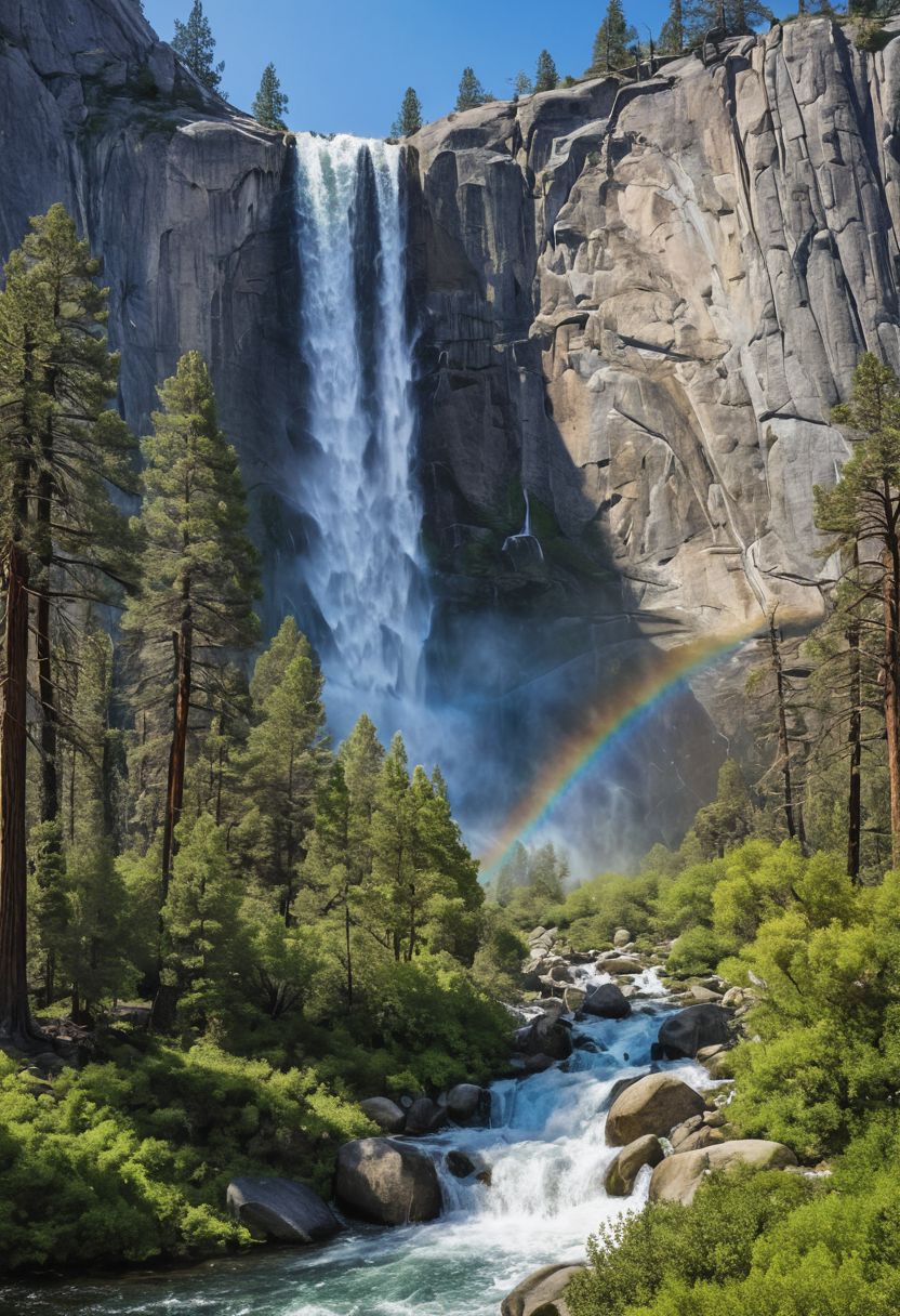 Detailed multi-coloured digital photo of a beautiful spring waterfall in Yosemite, hyper detailed  beautiful intricate masterpiece, sharp focus, cinematic, cinematic lighting, epic, faded rainbow on waterfall, perfect composition, ansel adams, vermeer, bob ross, thomas kinkade