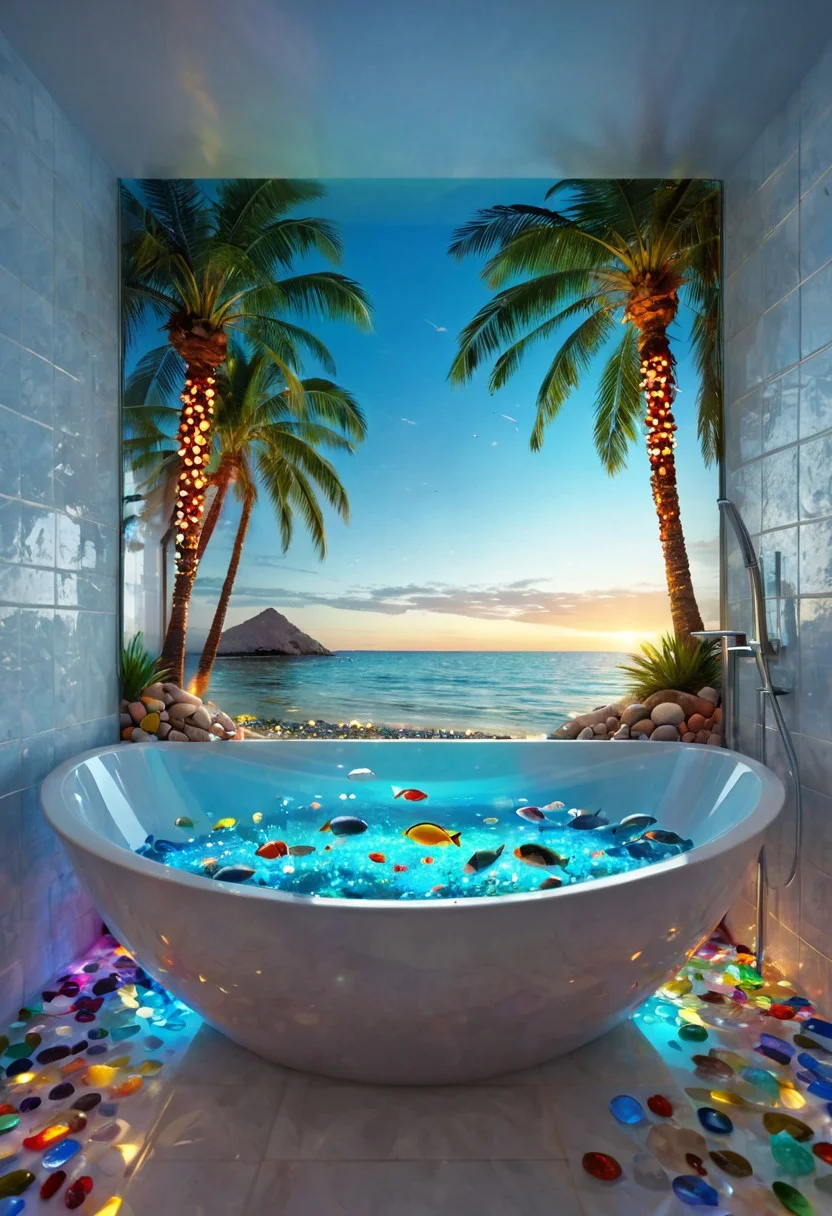 a whole shore inside the bathtub, bathroom, underwater illumination, deep water, ocean, sea, multicolored glass pebbles, transparent, glowing, reflection, fish, sky, sun, shore, palm tree,
