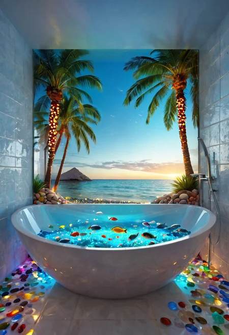 a whole shore inside the bathtub, bathroom, underwater illumination, deep water, ocean, sea, multicolored glass pebbles, transparent, glowing, reflection, fish, sky, sun, shore, palm tree,