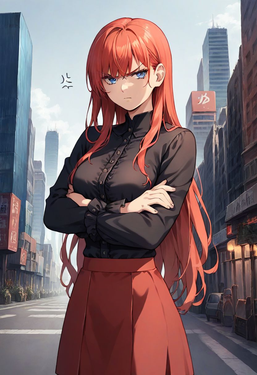 score_9, score_8_up, score_7_up, source_anime, official artstyle, by Ichan01, 1girl, solo, long hair, bangs, blue eyes, annoyed face, black blouse, red skirt, cowboy shot, crossed arms, city, outoors, detailed face