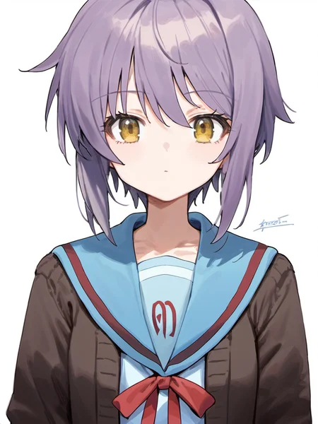 score_9, source_anime,
1girl, nagato yuki, sailor collar, school uniform, skirt, solo, winter uniform, kita high school uniform, cardigan, short hair, purple hair, blue skirt, serafuku, blue sailor collar, open cardigan, red ribbon, brown cardigan, yellow eyes, bangs, open clothes, long sleeves, socks, simple background, television, no shoes, ribbon, no mouth, full body, black socks, neck ribbon, grey background, kneehighs, flat color
 <lora:nagato ponyDiffusionV6XL_v6StartWithThisOne 8x16 AdamW8bit__cosine__1708806036:1>