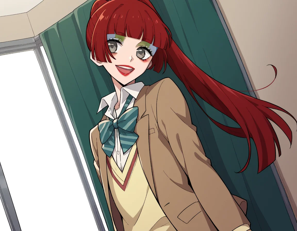score_9, score_8_up, score_7_up, source_anime, <lora:n-arisugawa-oc-ponyxl-lora-nochekaiser:1>, n-arisugawa, long hair, red hair, bangs, blunt bangs, hime cut, grey eyes,, ponytail, makeup, lipstick, skirt, long sleeves, school uniform, jacket, miniskirt, green skirt, blazer, brown blazer, sweater vest, yellow sweater vest, bowtie, green bowtie, striped bowtie, collared shirt,, indoors, smile, looking at viewer, solo,, cowboy shot, dutch angle