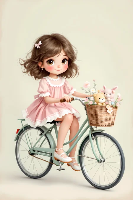 A beautifully stylized kawaii girl sitting on a pastel-colored vintage bicycle. The girl wears a frilly pink dress with a white lace trim, and her wavy, shoulder-length hair is adorned with a small ribbon bow. She has big, sparkling eyes full of wonder, a soft smile, and a gentle, dreamy expression. The bicycle features a small woven basket filled with plush toys and pastel-colored flowers. The background is a soft, neutral gradient with a nostalgic, storybook-like atmosphere, evoking warmth and innocence. The lighting is soft and diffused, enhancing the dreamy and comforting feel of the scene. Inspired by Jerry Pinkney’s delicate and warm illustration style, with a focus on gentle brushstrokes and muted vintage hues. The composition is balanced, with the girl and the bicycle slightly off-center, allowing for a natural and harmonious flow within the image.