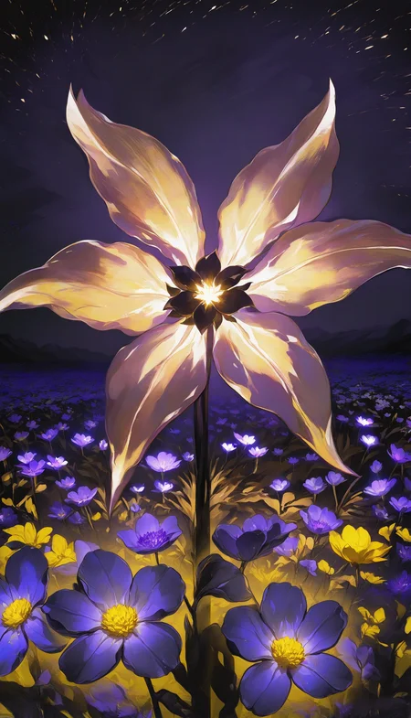 no humans, plant focus, general,
night, dark, purple theme, yellow theme,
flower field, purple flower, yellow flower, glowing flower,
photo \(medium\), symmetry, gradient,
best quality, very awa, highres, newest