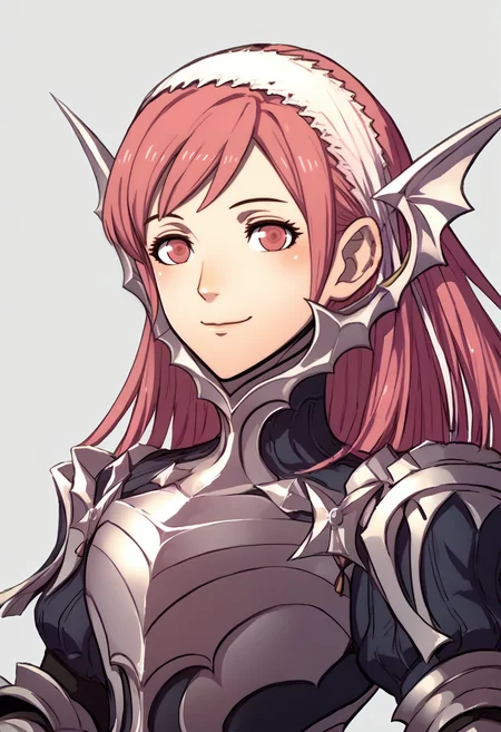 score_9, score_8_up, score_7_up, source_anime, 1girl, solo, <lora:zs_FE3HPortraitsXL:1> fe3hportraits, upper body, white background ADDCOMM
smile, closed mouth, <lora:fecherche-pdxl-nvwls-v1:1> defcherche, pink hair, pink eyes, white hairband, headgear, armor, armored dress, gauntlets, black gloves