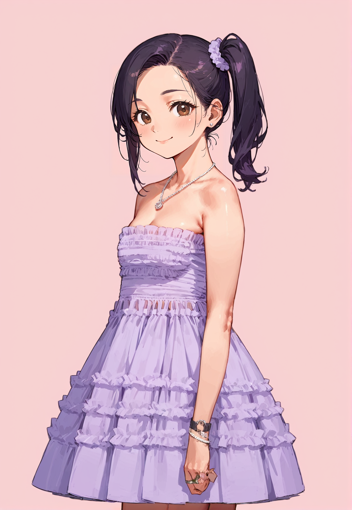 score_8_up, score_7_up, score_6_up, source_anime, 1girl, solo, simple background, pink background,
standing, pose, contrapposto, arched back, cowboy shot,
black hair, purple hair, brown eyes, asymmetrical sidelocks, side ponytail, medium hair, smile
fenty, purple dress, strapless dress, necklace,  <lora:Fenty:1>