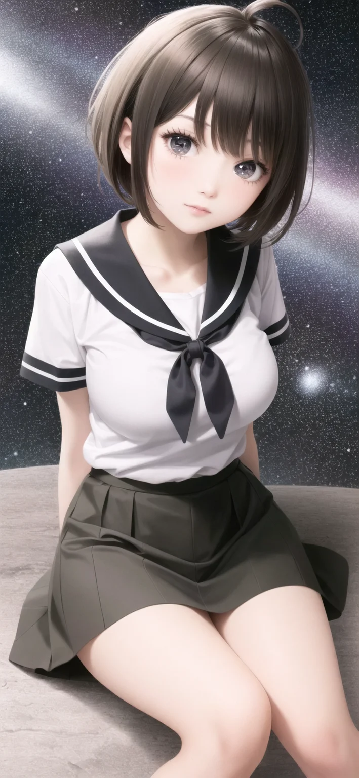 solo, 1girl, full body, in space, stars, earth \(planet\), looking at viewer, <lora:Naegi_Komaru_v3-000008:1>, naegi komaru, short hair, brown hair, (ahoge), serafuku, white shirt, blue sailor collar, red neckerchief, blue skirt, large breasts, sitting