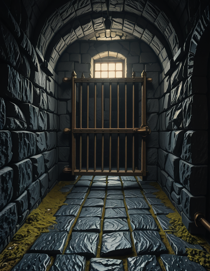 A highly detailed, hyper-realistic photograph of a dark medieval dungeon prison cell. The scene is dimly lit by a single flickering torch mounted on a damp stone wall, casting eerie shadows across the rough, moss-covered stones. Heavy, rusted iron bars form the cell door, slightly ajar, with visible corrosion and ancient padlocks. Inside the cell, there is a straw-covered floor, old wooden buckets, and a crude, splintered wooden bench against the back wall. Chains and manacles hang loosely from the walls, showing signs of long-term use. The atmosphere is cold, humid, and oppressive, with faint light rays piercing through tiny cracks in the stone ceiling. Cobwebs stretch across the corners of the cell, and faint water drips from above, creating small puddles. The overall mood is grim, desolate, and foreboding. Photorealistic style, with high dynamic range (HDR) lighting and extreme attention to textures like rust, moisture, and decay.
<lora:SDXLFaeTastic2400:0.4> <lora:extremely_detailed:0.4> extremely detailed,medieval dungeon pr1s0n c3ll <lora:medieval_dungeon_pr1s0n_c3ll-i:1>, Masterpiece,best quality,hi res,8k,hi res,8k,award winning,(sharp focus, intricate, highly detailed),