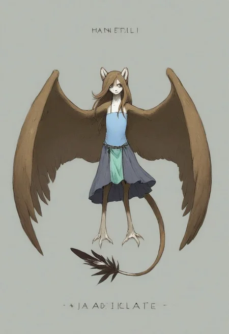 [creature name: Palagiri]
1 person, harpy, ((no arms, wings only)):1.6, androgynous, flat chest, no breasts, anthro, ((long hair)), ((long toes, nimble toes, handfeet)):1.4,, dynamic pose, gliding, coming in for a landing, fully clothed, pelvic curtain skirt, feline features, feline nose, feline ears, ((thick tail, tapering tail, feather tipped tail)), harpy:1.2, large wings, digitigrade legs, rating: safe